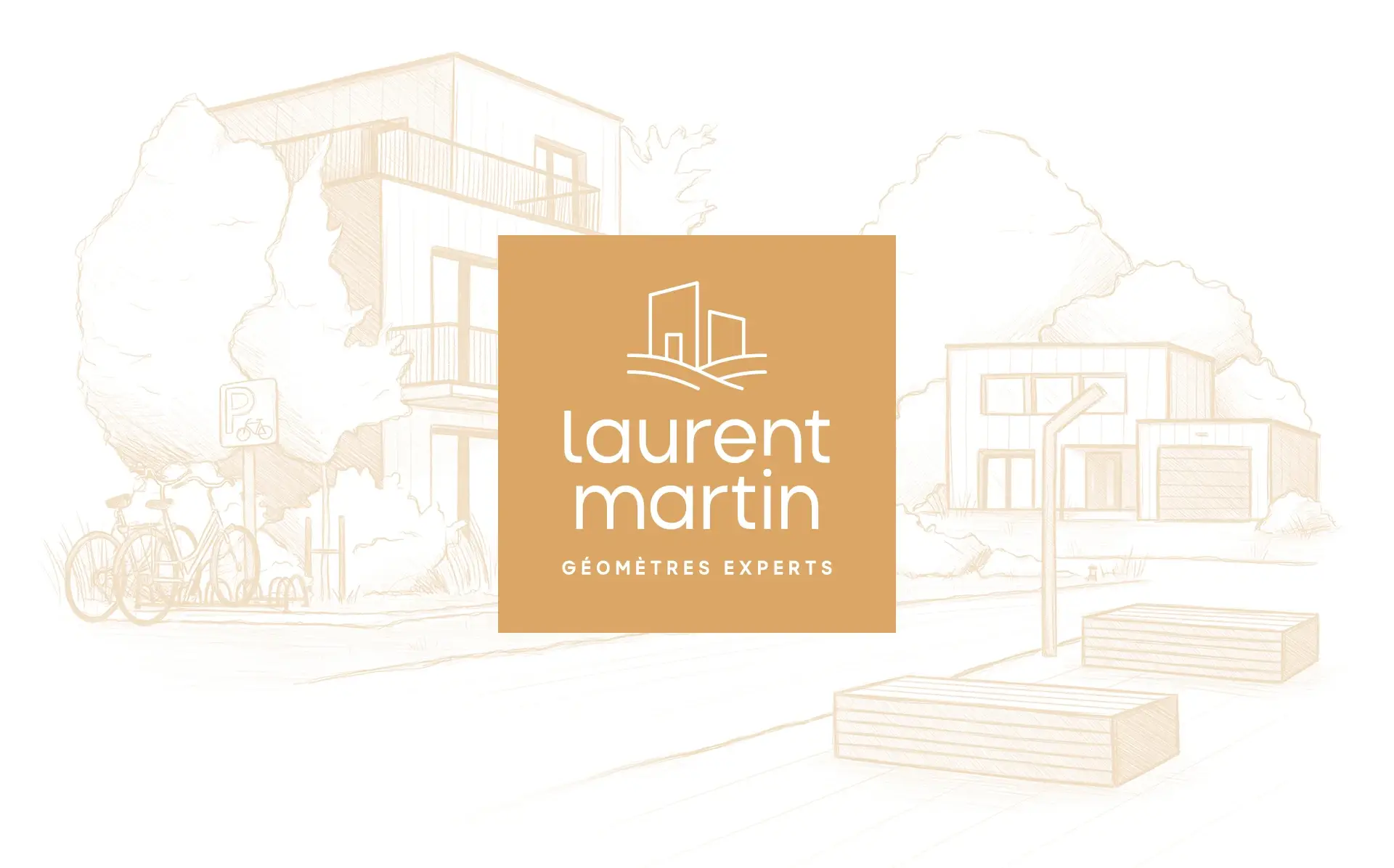 Logo du cabinet Laurent Martin au milieu d'une illustration de quartier.