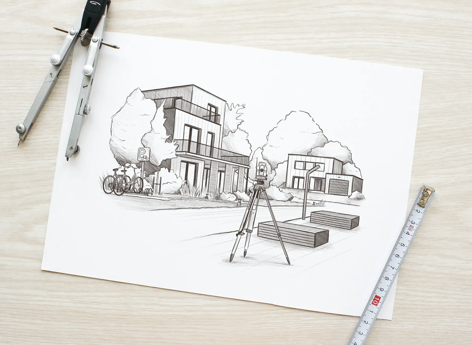 Illustration d'un éco-quartier avec un instrument de mesure au premier plan.