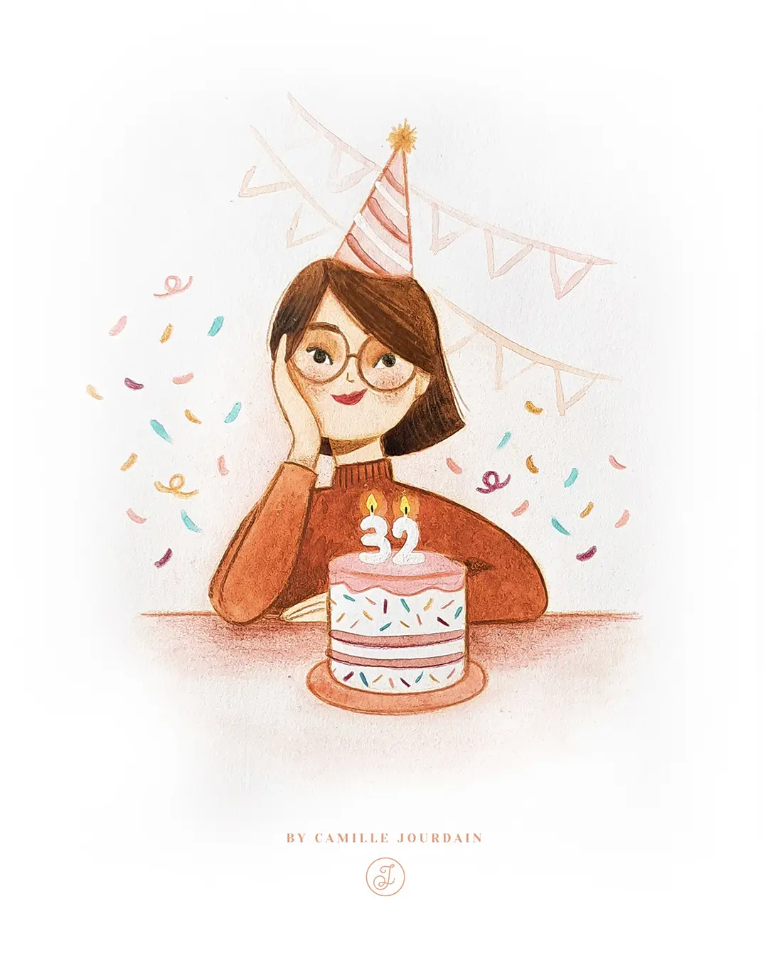 Illustration d'une femme avec un chapeau pointu devant un gâteau d'anniversaire.