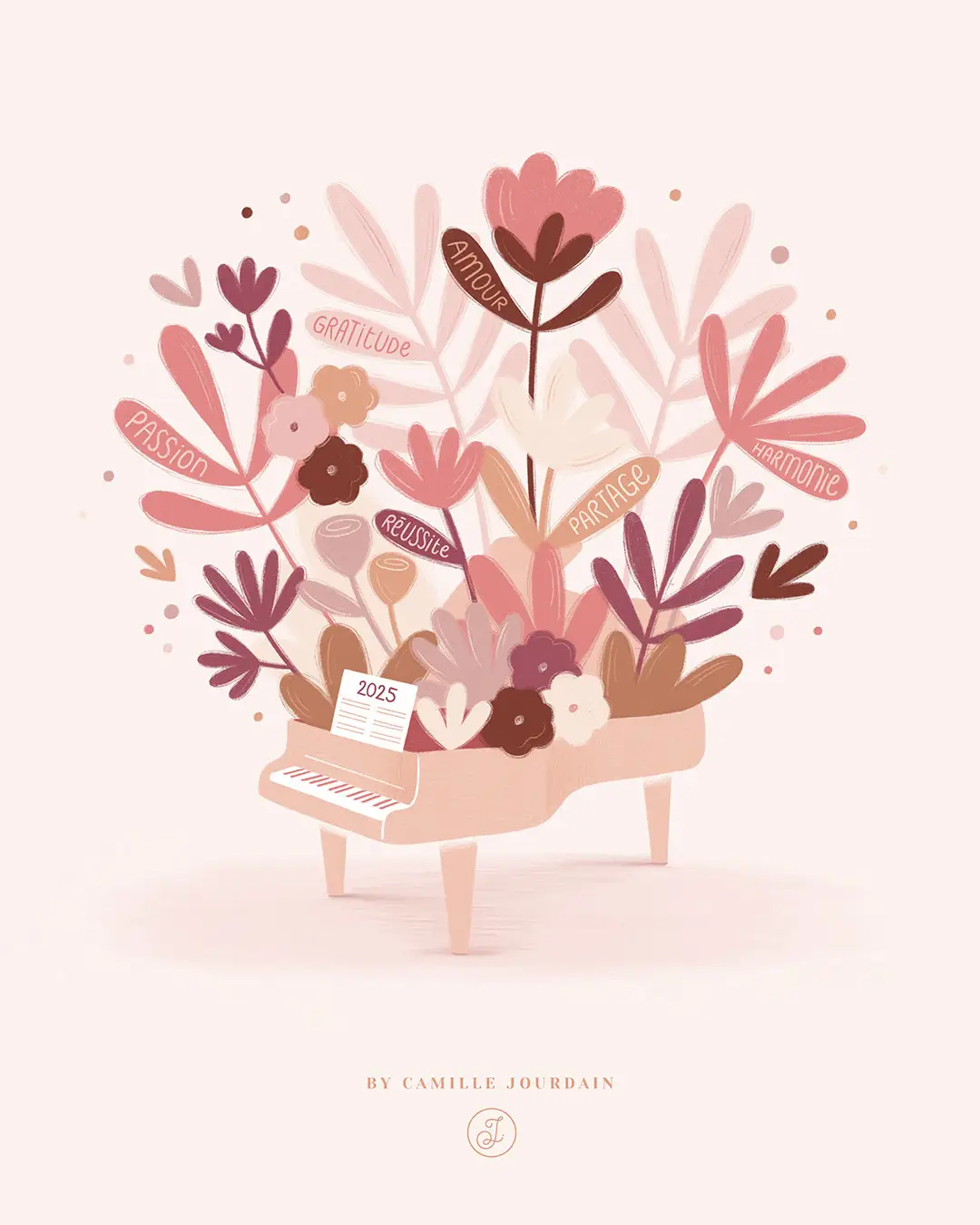 Illustration d'un piano à queue avec des feuilles, fleurs et messages positifs.