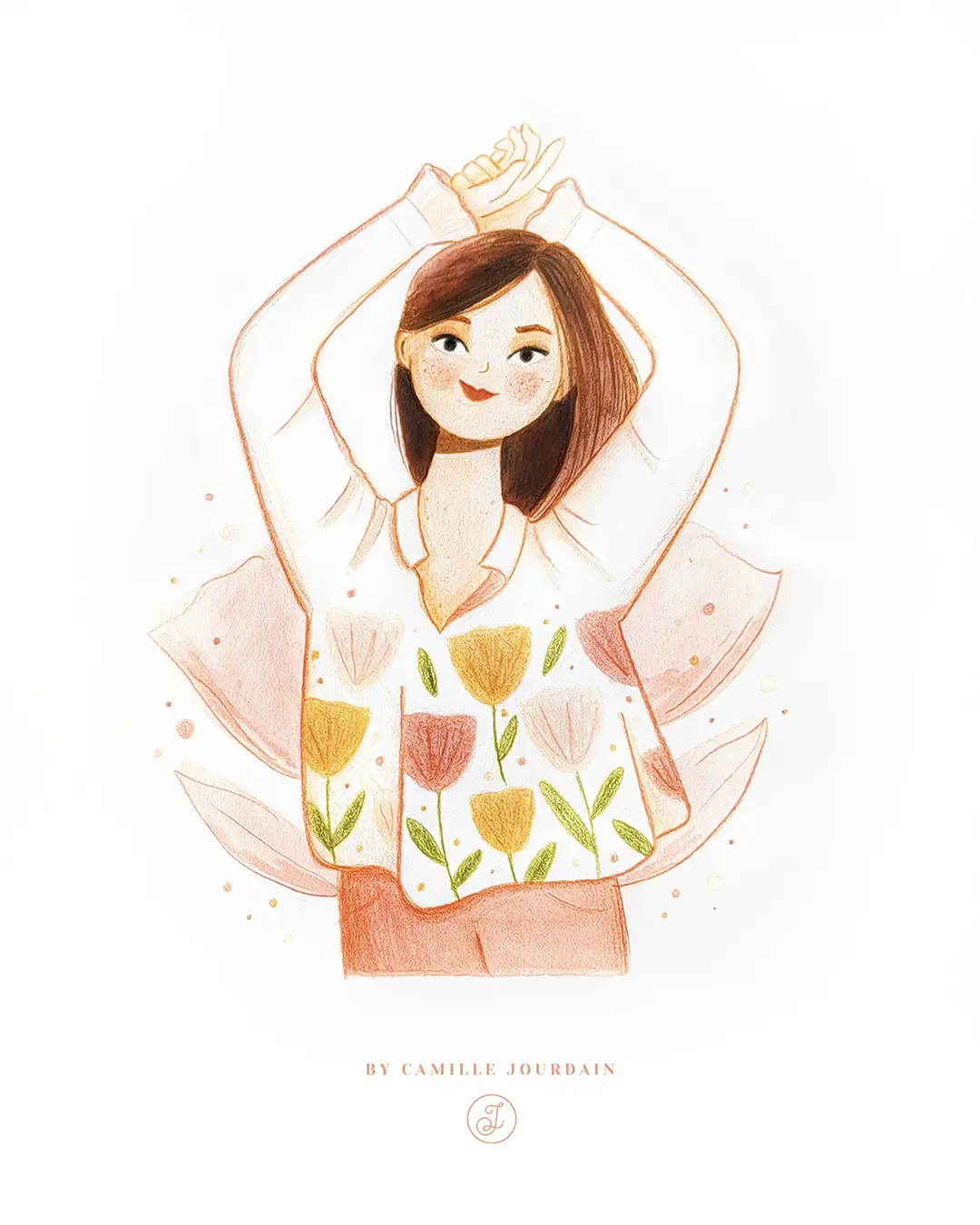 Illustration d'une femme vêtue d'une blouse à fleurs, dans un décor floral.