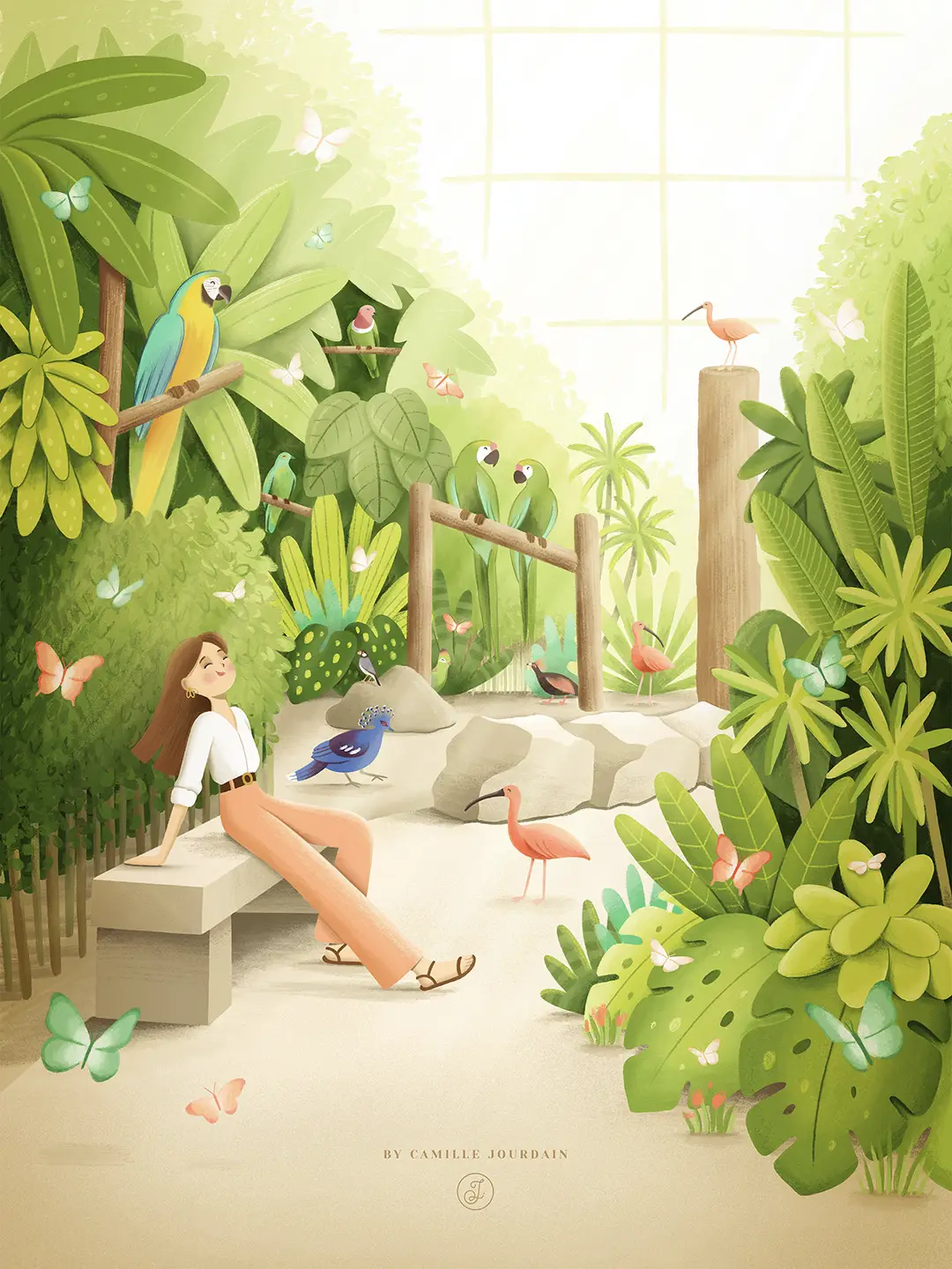 Illustration d'une femme assise dans une serre tropicale entourée d'oiseaux et de papillons exotiques.