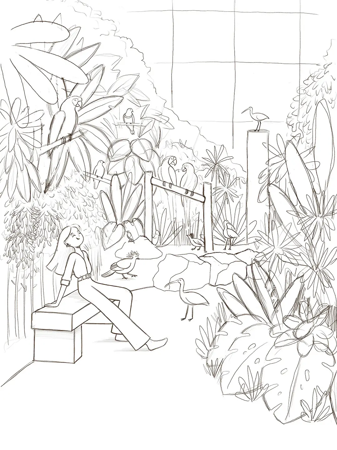 Croquis d'une femme assise dans une serre tropicale entourée d'oiseaux exotiques.