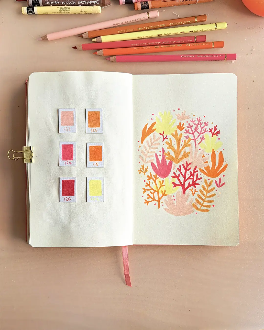 Page de carnet de croquis avec des illustrations d'algues et de coraux, avec un nuancier de couleurs chaudes à côté.