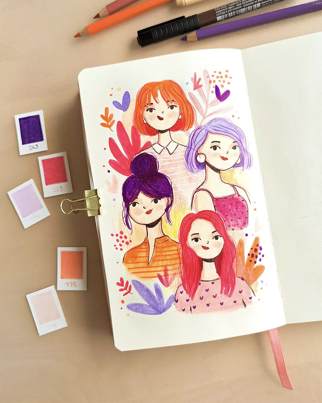 Page de carnet de croquis avec plusieurs petites illustrations représentant des portraits de femmes, entourées de feuilles.