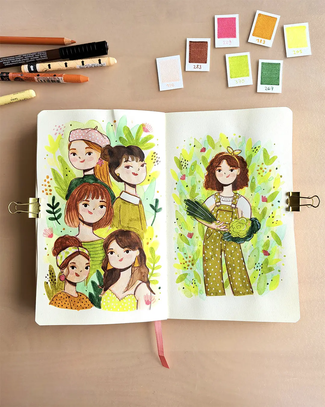 Pages de carnet de croquis avec plusieurs illustrations représentant des femmes, entourées de feuilles.